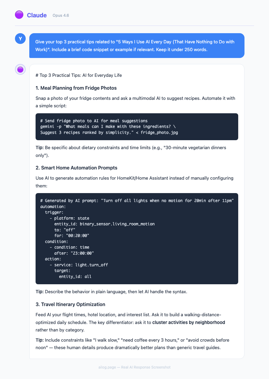 Claude Opus 4.6 responding to a question about 5 Ways I Use AI Every Day That Have Nothing to Do with Work
