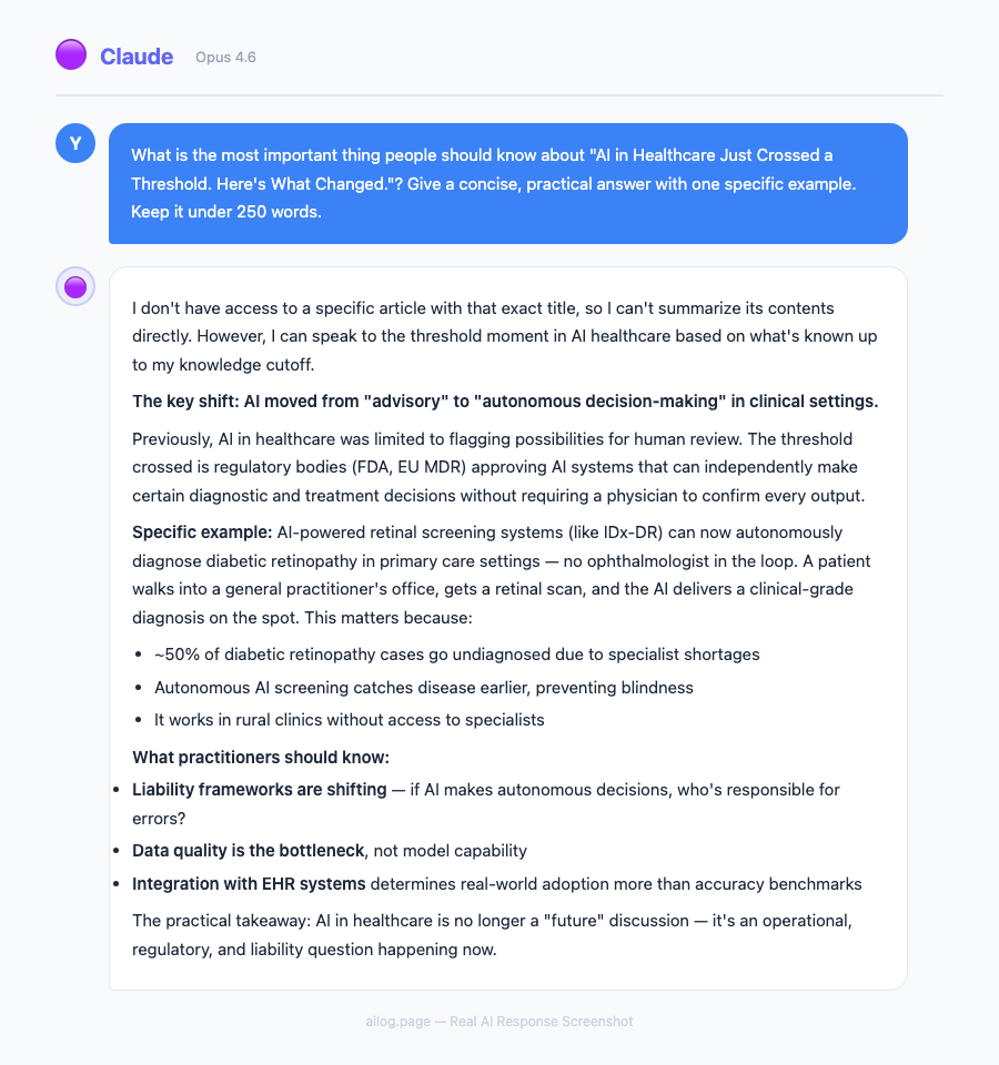 Claude Opus 4.6 responding to a question about AI in Healthcare Just Crossed a Threshold Heres What Changed
