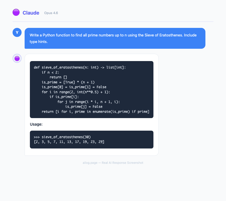 Claude Opus 4.6 writing a Python prime number sieve function with type hints