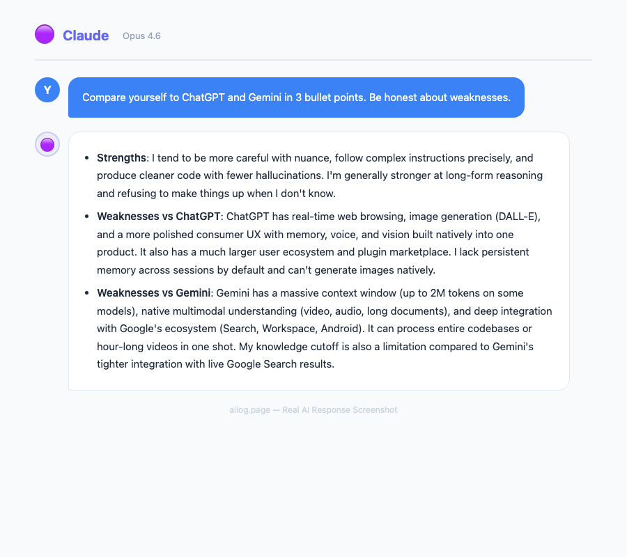 Claude Opus 4.6 responding to a comparison question about ChatGPT and Gemini, giving honest self-assessment