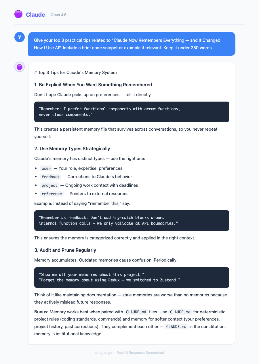 Claude Opus 4.6 responding to a question about Claude Now Remembers Everything  and It Changed How I Use AI