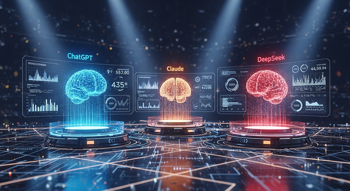 DeepSeek vs ChatGPT vs Claude AI model comparison visualization showing three competing AI systems