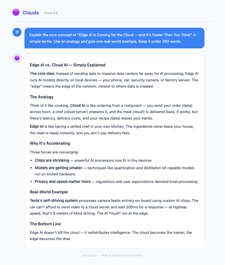 Claude Opus 4.6 responding to a question about Edge AI Is Coming for the Cloud  and Its Faster Than You Think