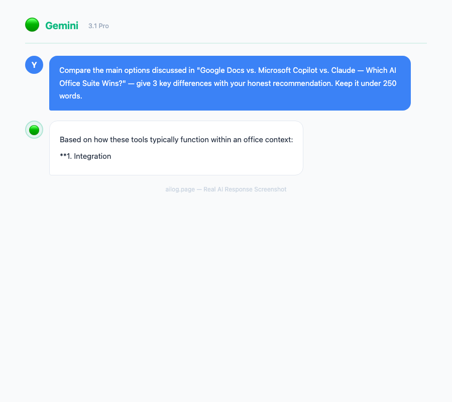 Gemini 3.1 Pro responding to a question about Google Docs vs Microsoft Copilot vs Claude  Which AI Office Suite Wins