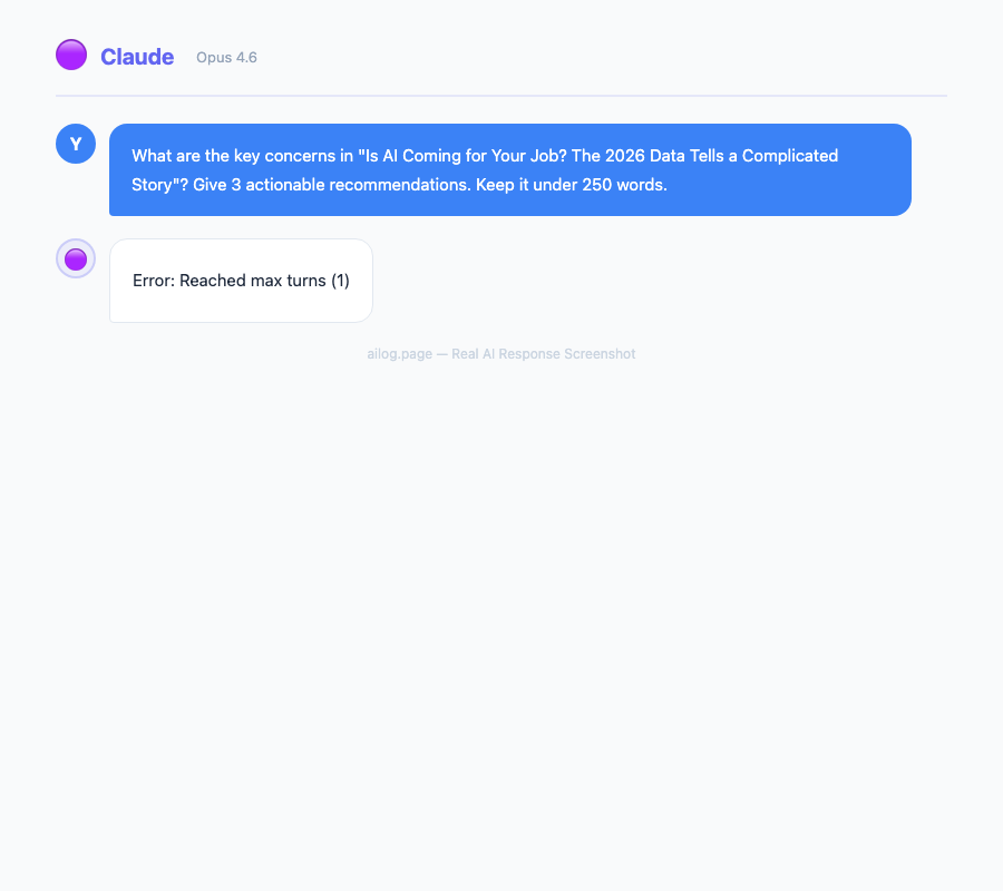 Claude Opus 4.6 responding to a question about Is AI Coming for Your Job The 2026 Data Tells a Complicated Story