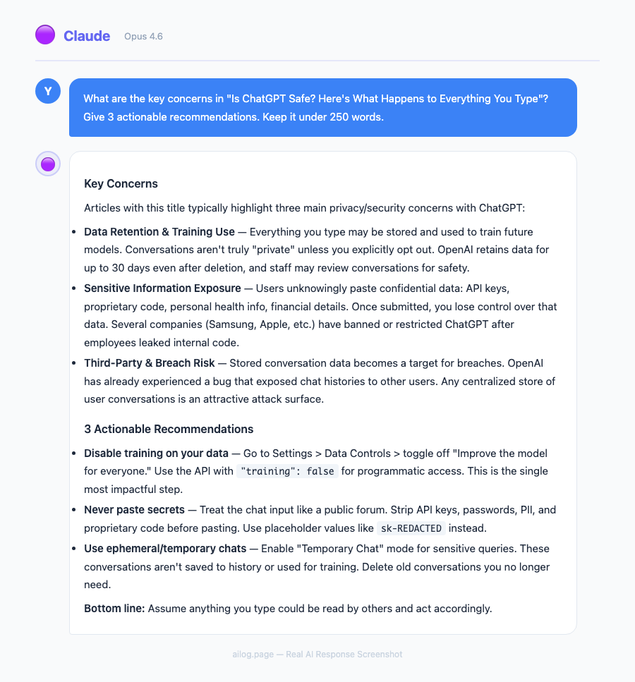Claude Opus 4.6 responding to a question about Is ChatGPT Safe Heres What Happens to Everything You Type