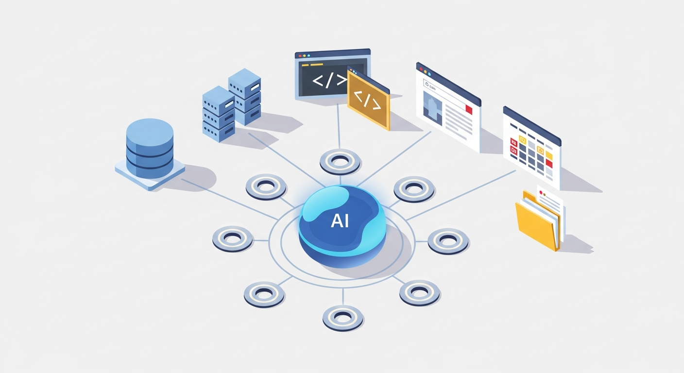 MCP architecture showing AI model connected to database, code editor, browser, file system, and calendar via standardized protocol