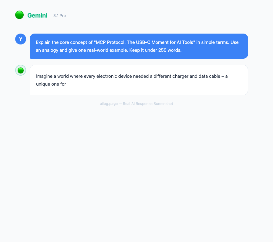Gemini 3.1 Pro responding to a question about MCP Protocol The USBC Moment for AI Tools
