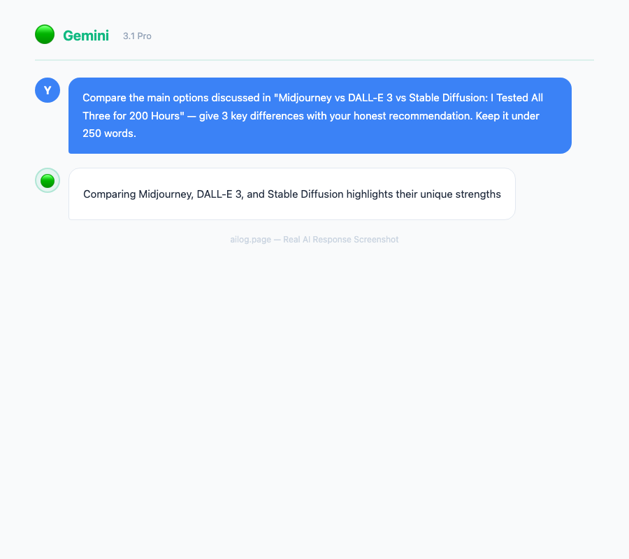 Gemini 3.1 Pro responding to a question about Midjourney vs DALLE 3 vs Stable Diffusion I Tested All Three for 200 Hours