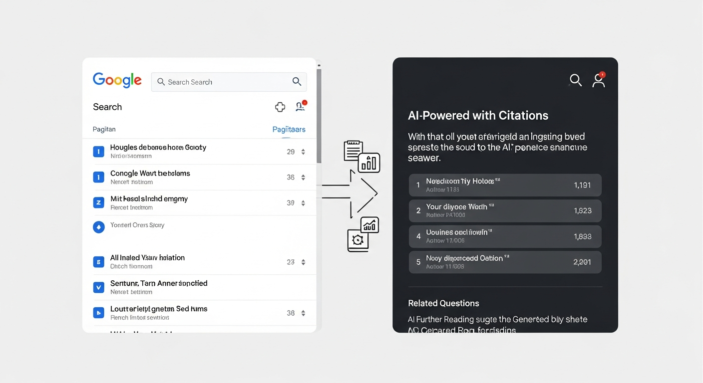 Split screen comparison of traditional search results versus AI-powered answers with citations