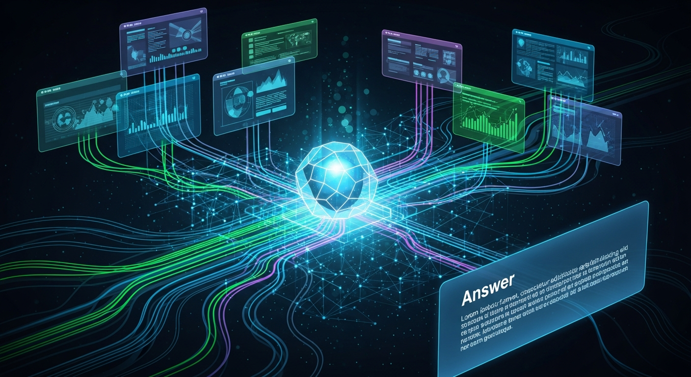 Visualization of AI analyzing multiple web sources simultaneously to produce a cited answer