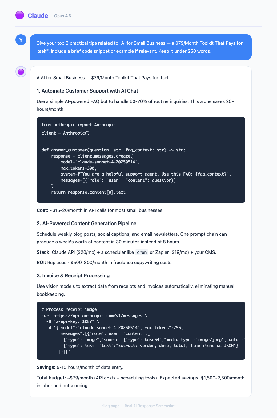 Claude Opus 4.6 responding to a question about AI for Small Business  a 79Month Toolkit That Pays for Itself