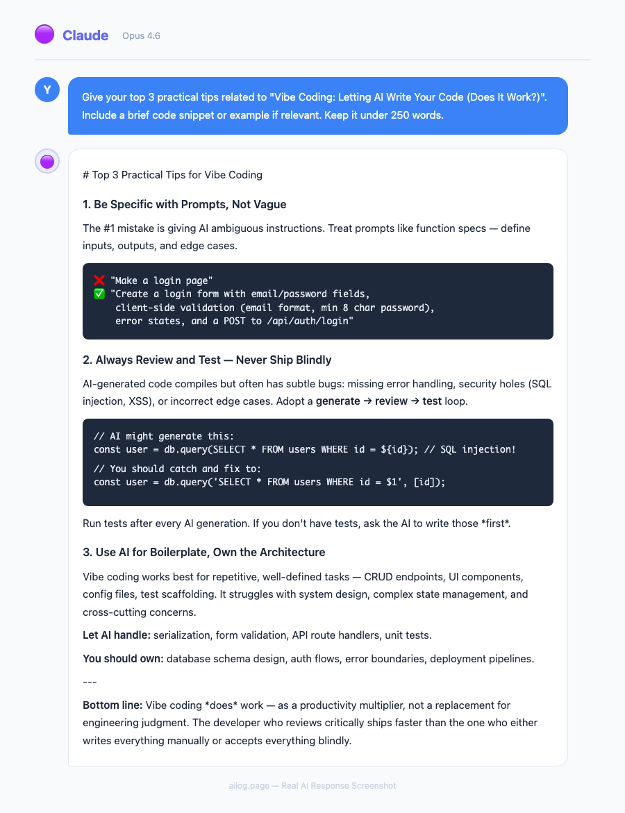 Claude Opus 4.6 responding to a question about Vibe Coding Letting AI Write Your Code Does It Work