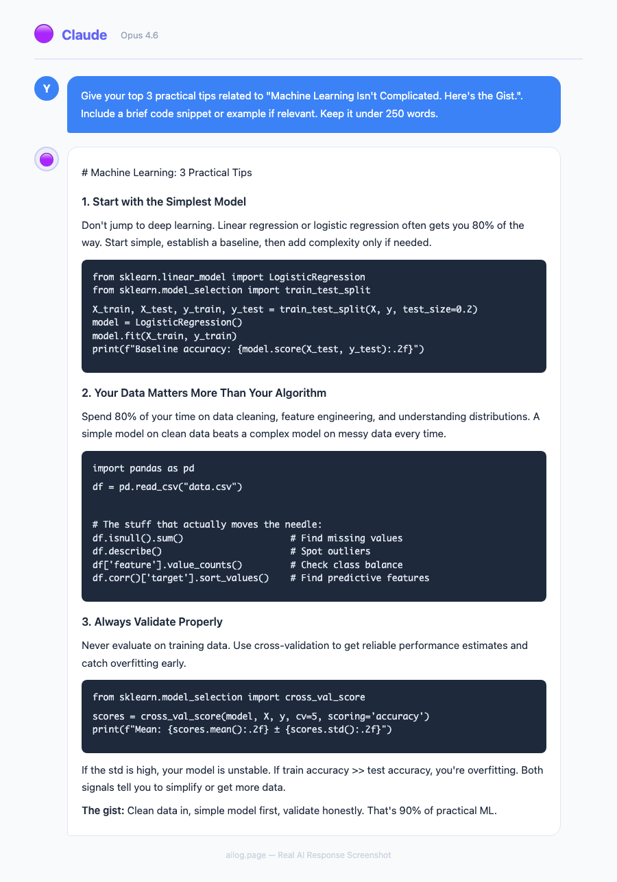 Claude Opus 4.6 responding to a question about Machine Learning Isnt Complicated Heres the Gist