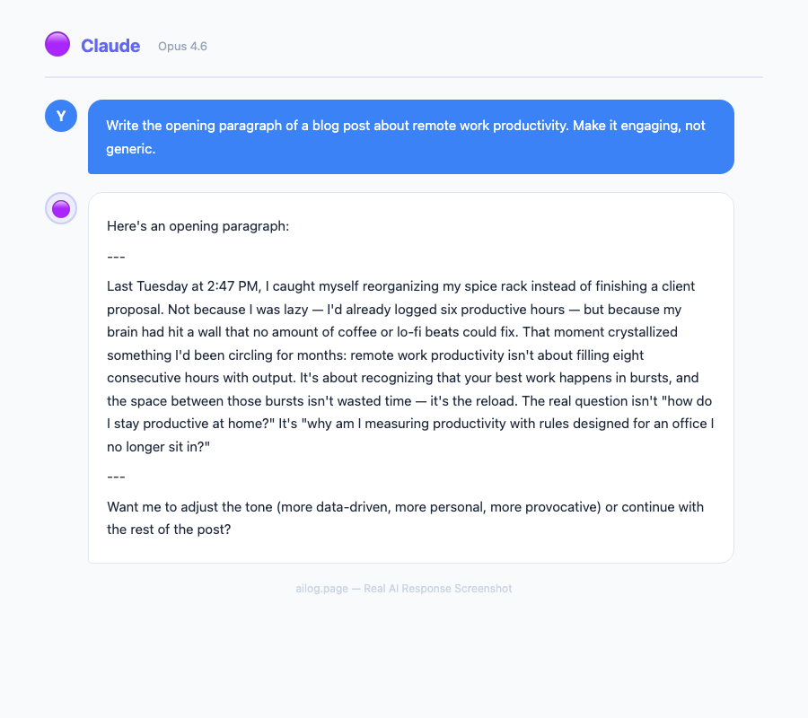 Claude writing an engaging blog post opening paragraph about remote work productivity