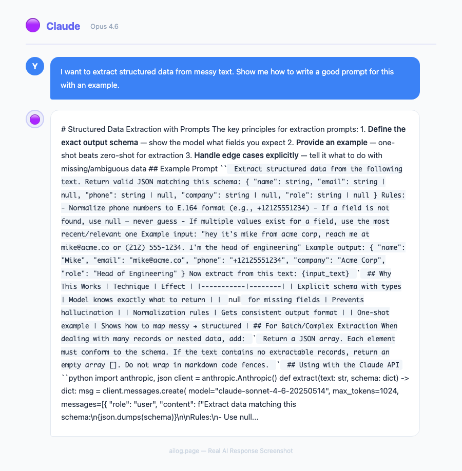 Claude demonstrating a structured data extraction prompt technique with real example