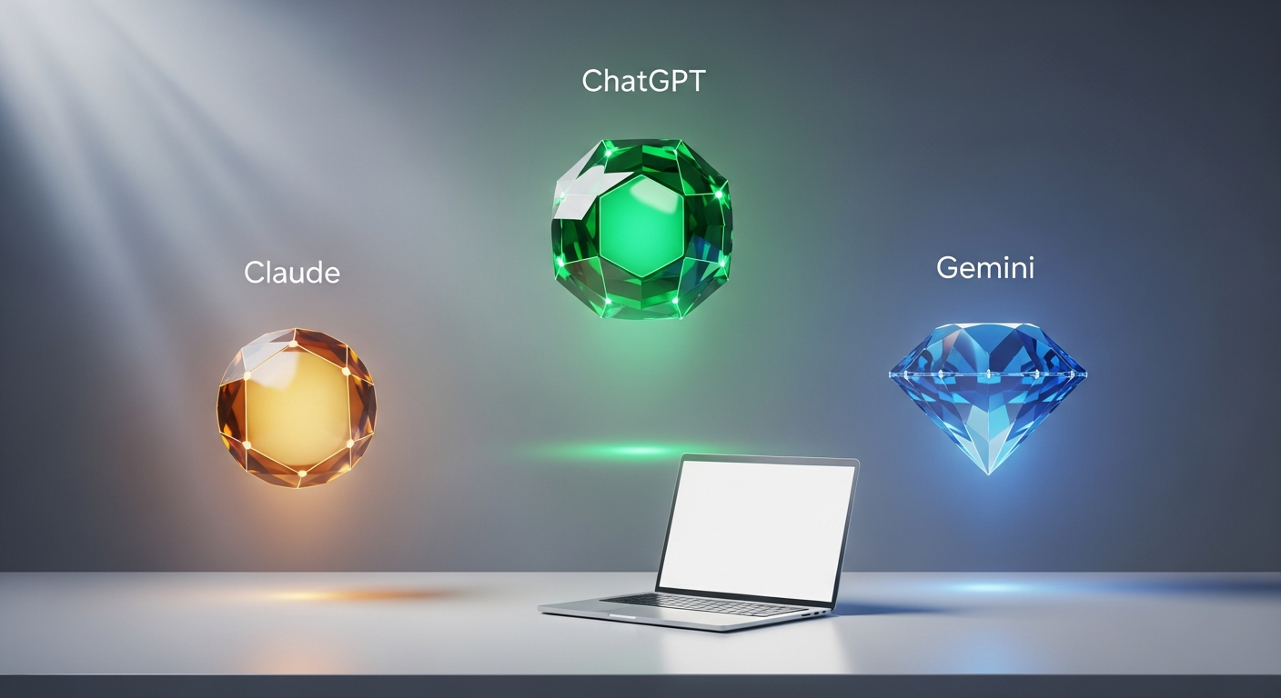 ChatGPT vs Claude vs Gemini comparison - three AI models represented as glowing crystals